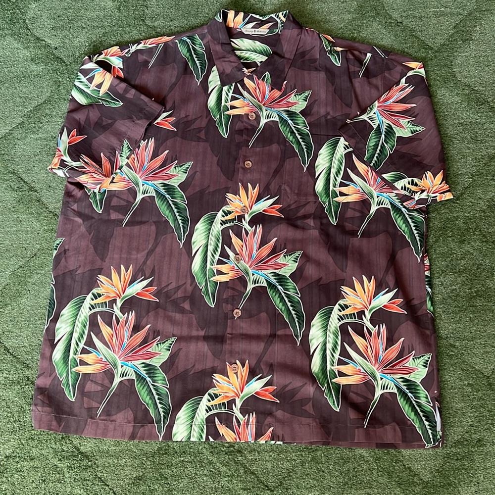 Tommy Bahama Brown Bird of Paradise Silk Mens Hawaiian Shirt Size XL
